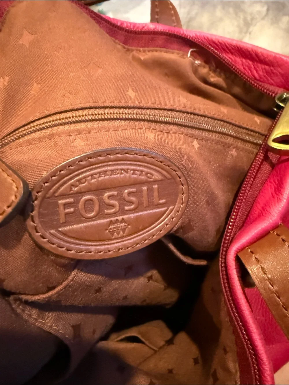 Fossil Hot Pink Leather Tote with Gold Logo